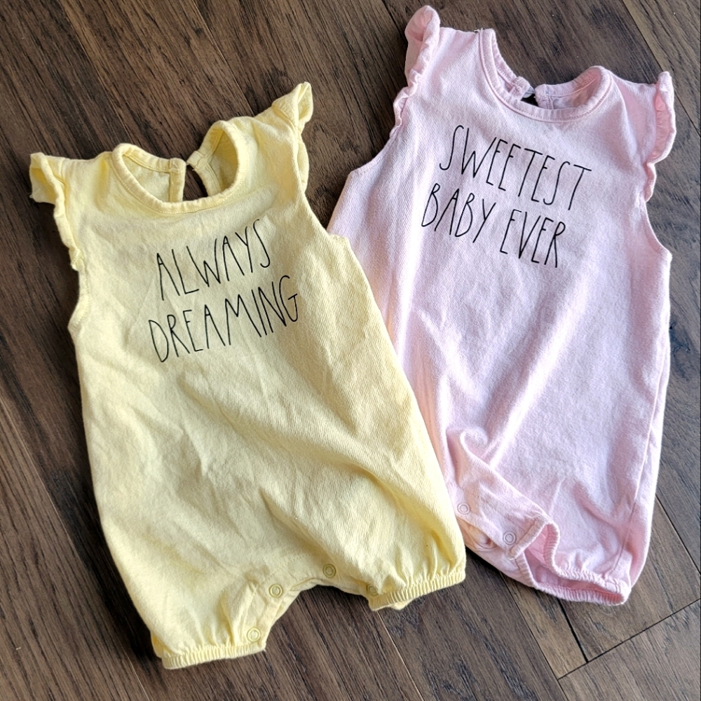 LOT OF 2! RAE DUNN BABY BY MAGENTA SWEETEST BABY EVER & ALWAYS DREAMING ROMPERS - Picture 1 of 8